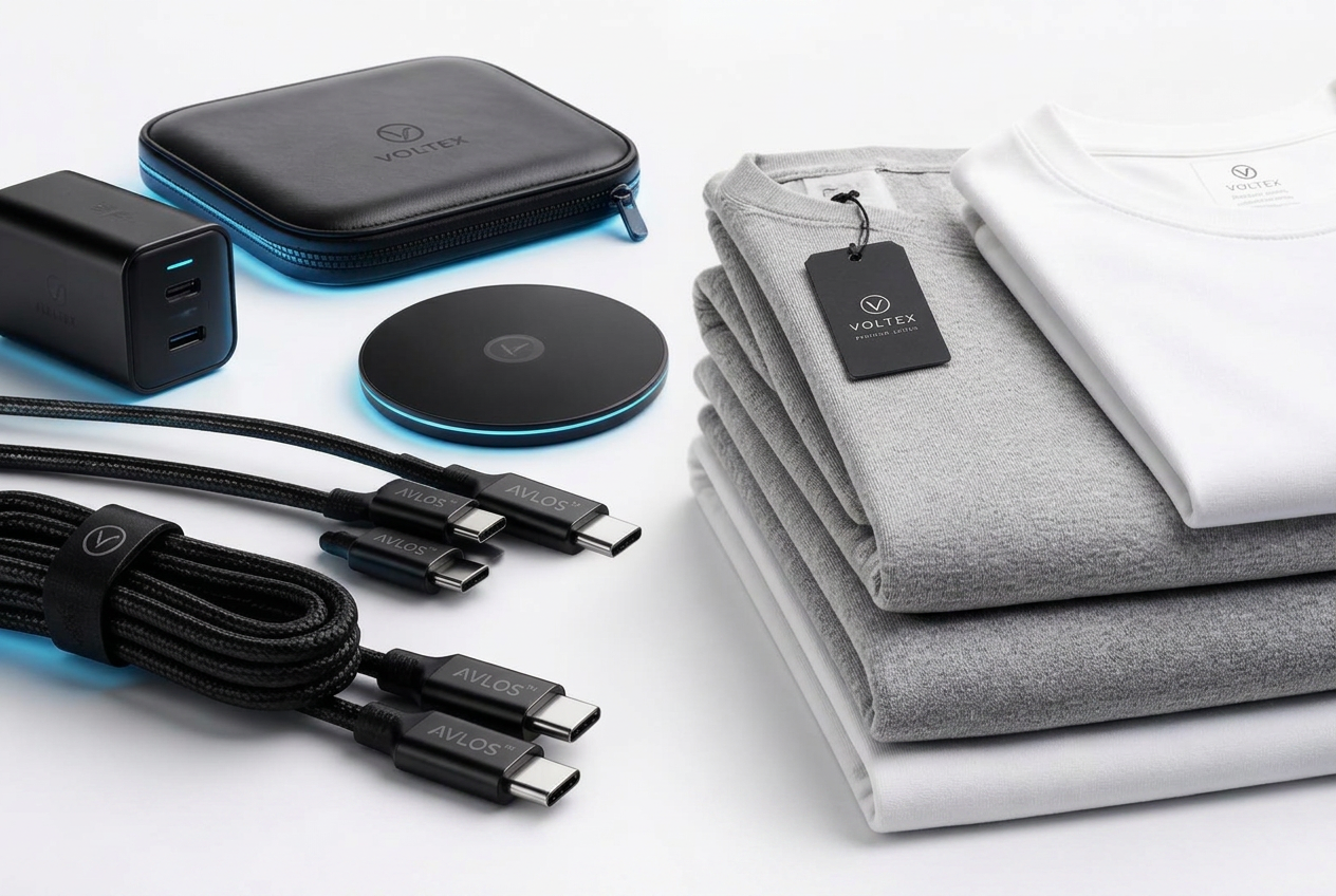 Premium AVLOS charging accessories alongside folded SAMALS comfortwear textiles
